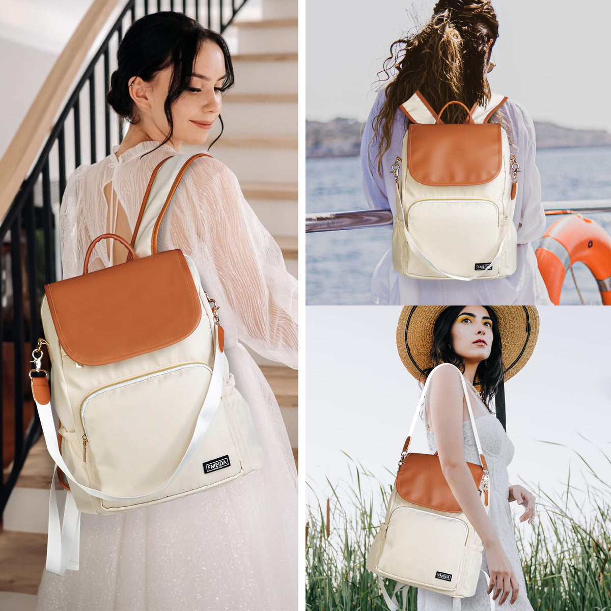 Fmeida Anti-Theft Backpack for Women Convertible Backpack Purse- 3-in-1 Laptop Bookbag for Work College, Cream