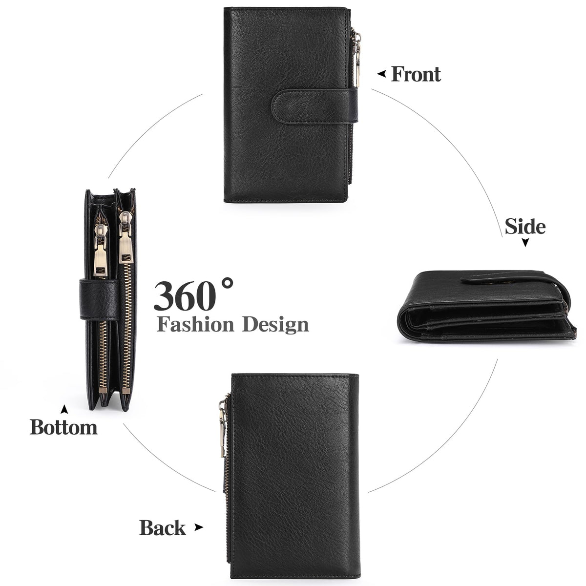 GOIACII Womens Wallets RFID Blocking Leather Trifold Clutch Wallet Credit Card Holder Ladies Purse 3 ID Windows Black