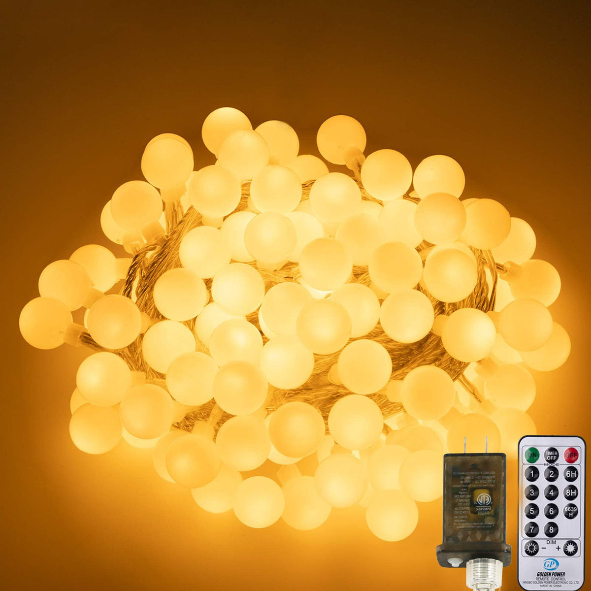 AWQ 200 LED Christmas String Lights, Warm White, Indoor/Outdoor Decor, Model SC-S-200-M-A-D6