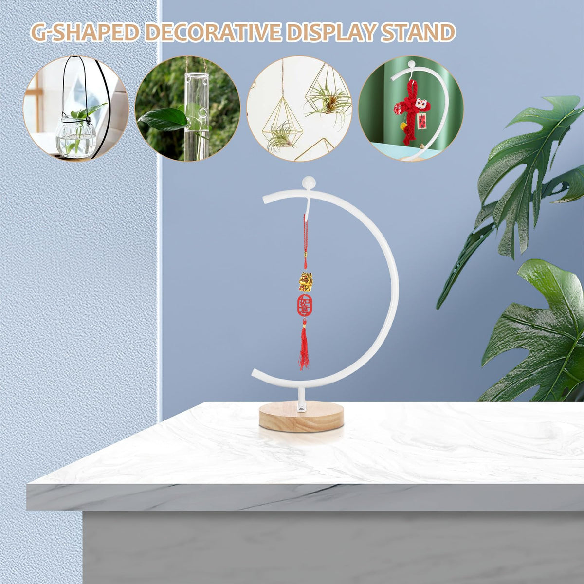 ERINGOGO G-shaped Hanging Ornament Display Stand with Wooden Base Metal Hook Rack for 12-20cm Glass Ball Terrariums Indoor Air Plant Holder Home Decor