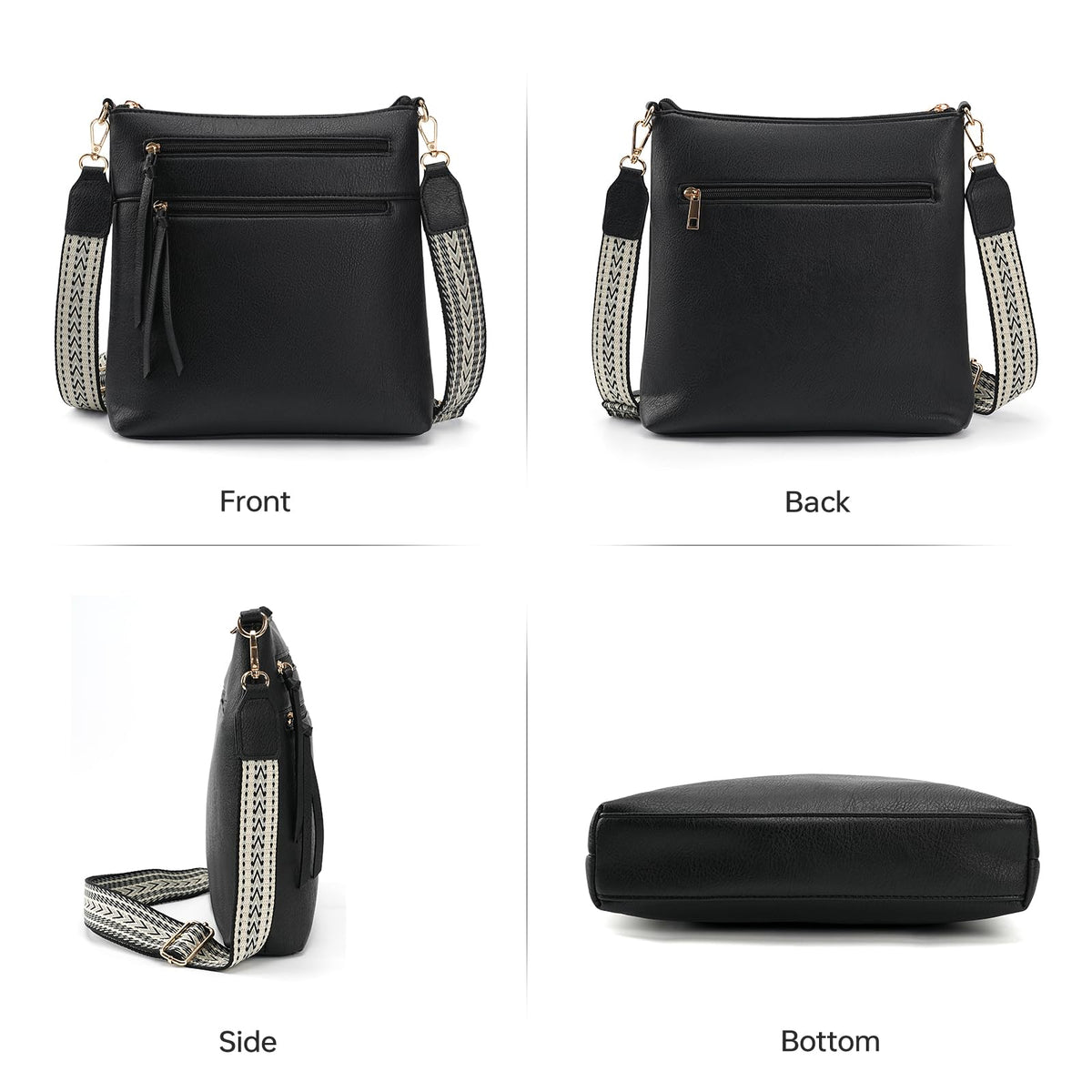 GEMIU Small Crossbody Bags for Women Travel Multi Pocket Crossbody Purse Women's Crossbody Handbags with Guitar Strap Black