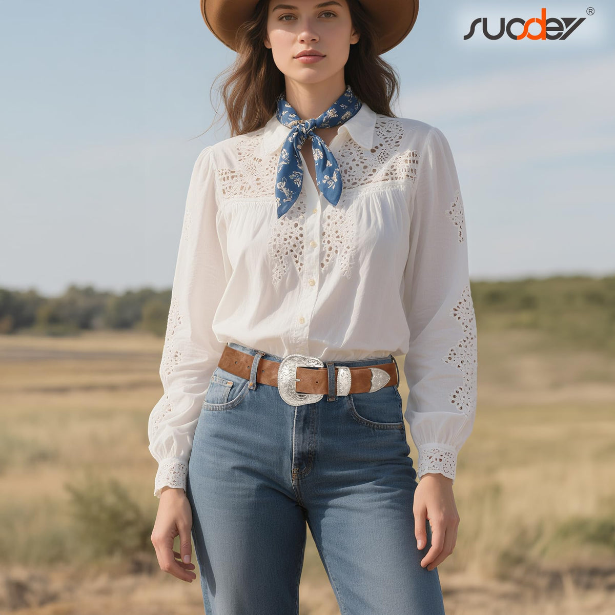 SUOSDEY Women Country Western Belt Cowgirl Cowboy Vintage Leather Belt with Western Style Big Buckle for Jeans Dresses