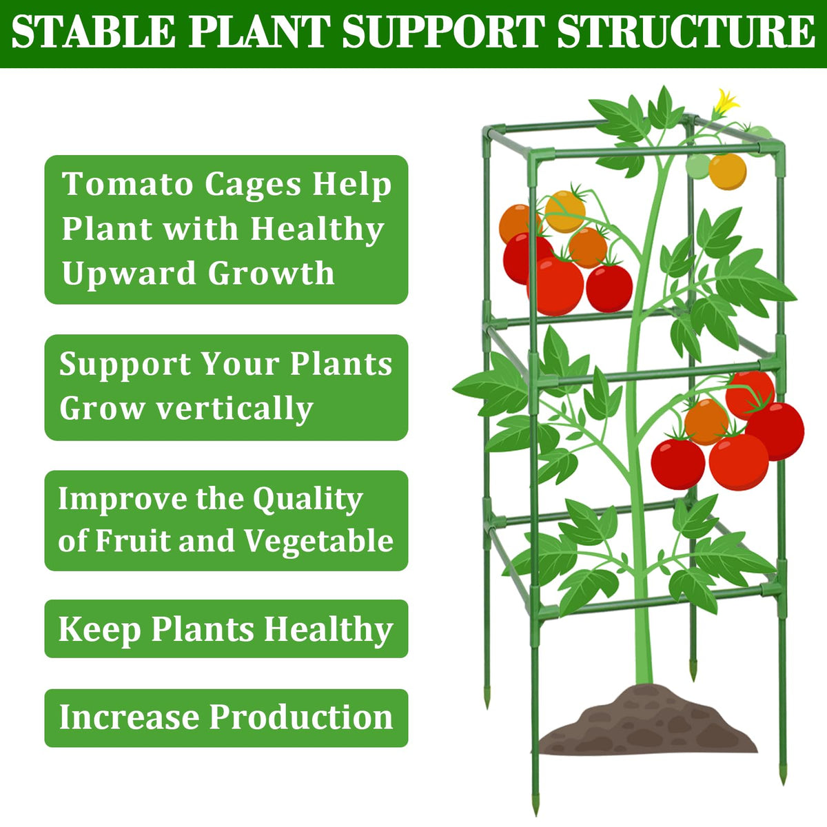 ZeeDix 6 Pack Heavy Duty Tomato Cages for Garden 60 Inches, Square Adjustable Tomato Trellis Cage Climbing Plant Support Trellis Plant Cages for Climbing Vegetables Flowers with 40Pcs Clips