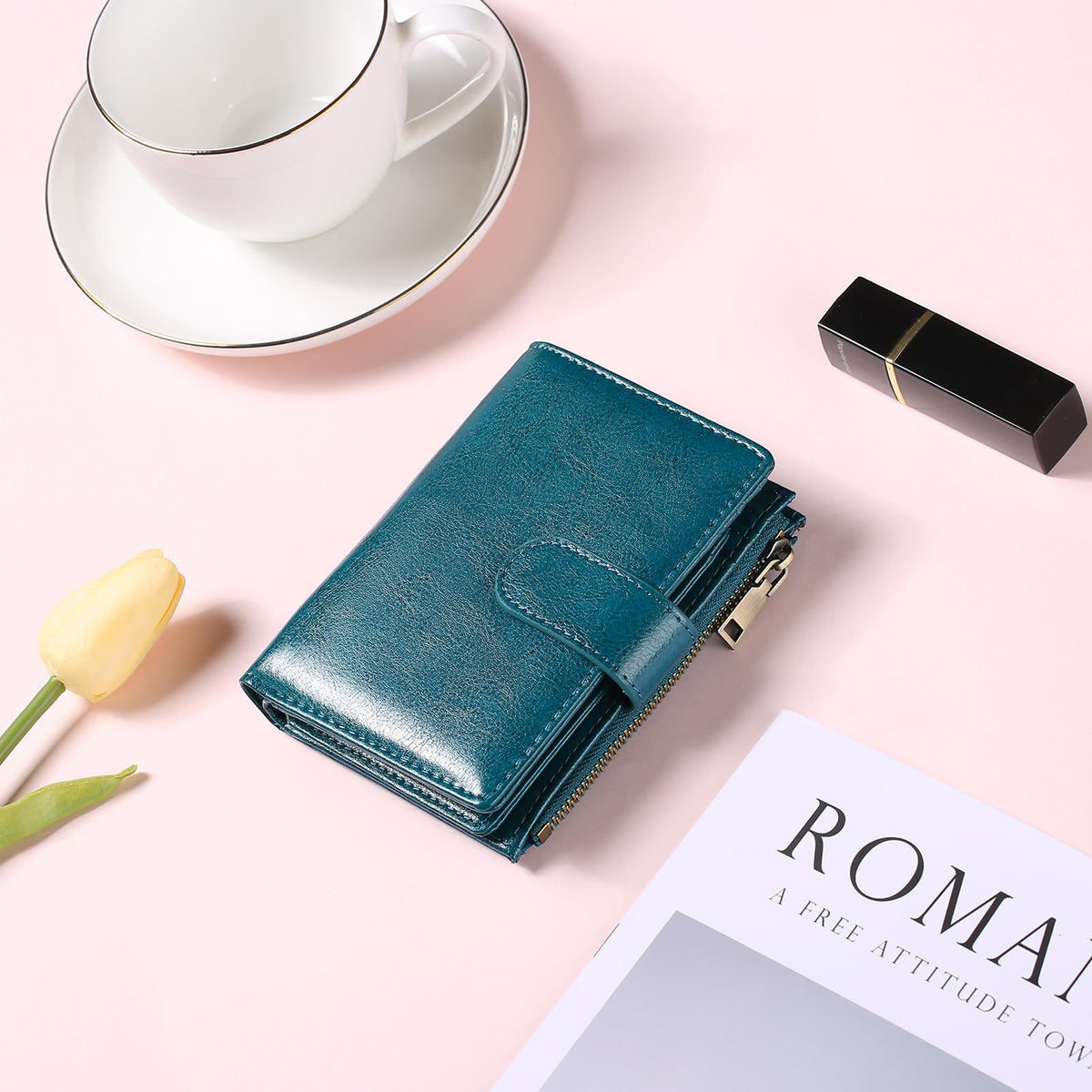 GAEKEAO Small Wallet Women Vegan Leather RFID Blocking Bifold Ladies Compact Card Holder with Zipper Pocket & ID Window