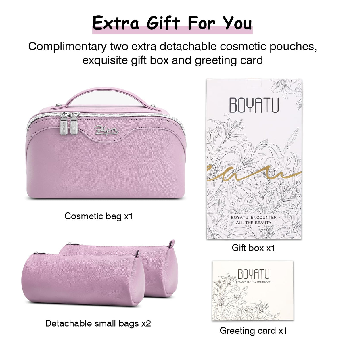 BOYATU Travel Makeup Bag Organizer Cosmetic Bag: 3 Pcs Set Make up Bags for Women with Handle - Waterproof Vegan Leather Toiletry Bags Travel Essentials Pouch with Compartments (C-06-Purple)