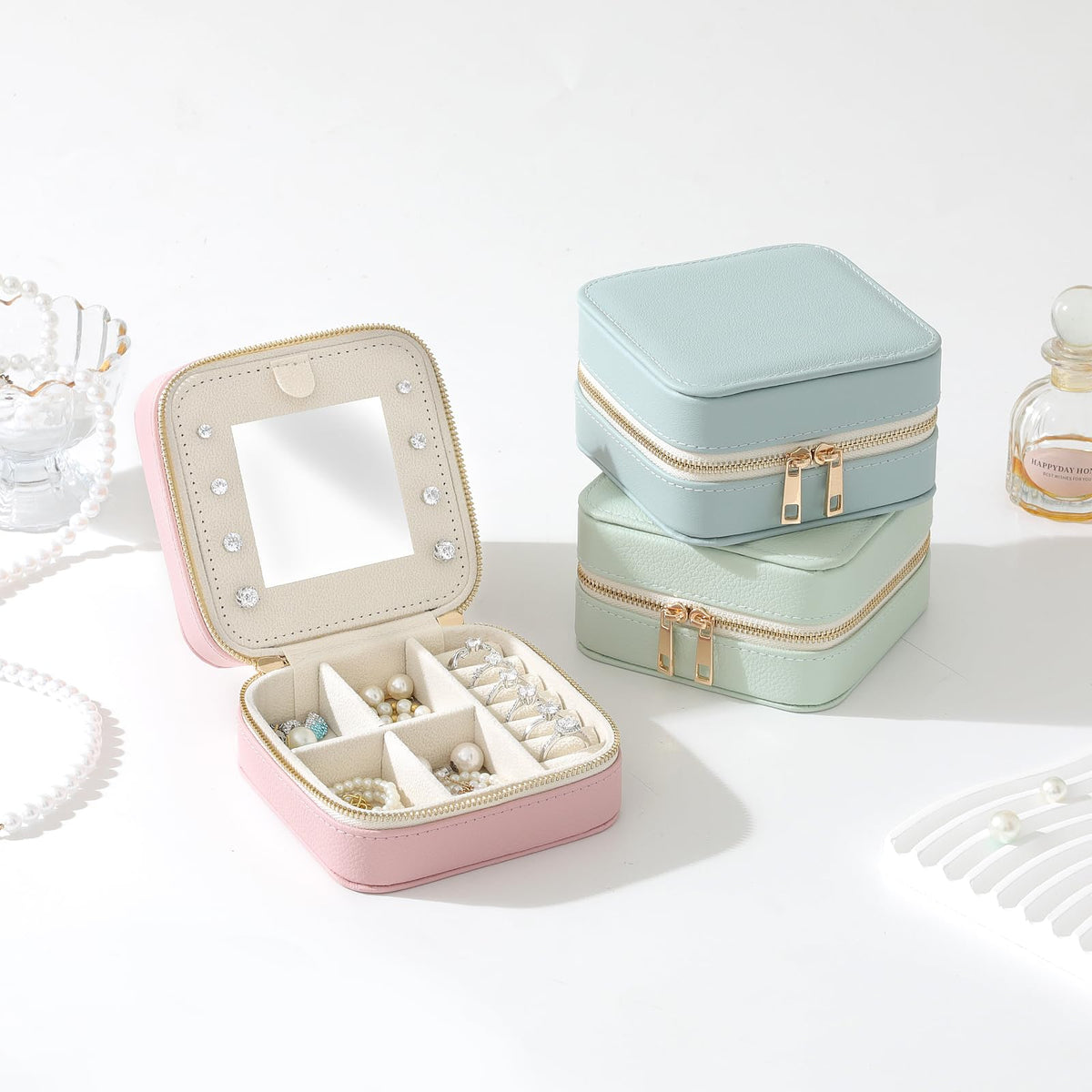 NGVRC Genuine Leather Travel Jewelry Organizer Case with Mirror for Women, Small Mini Portable Jewelry Box for Ring Earrings Necklace Bracelet Luxury Gift for Women(Mint Green)