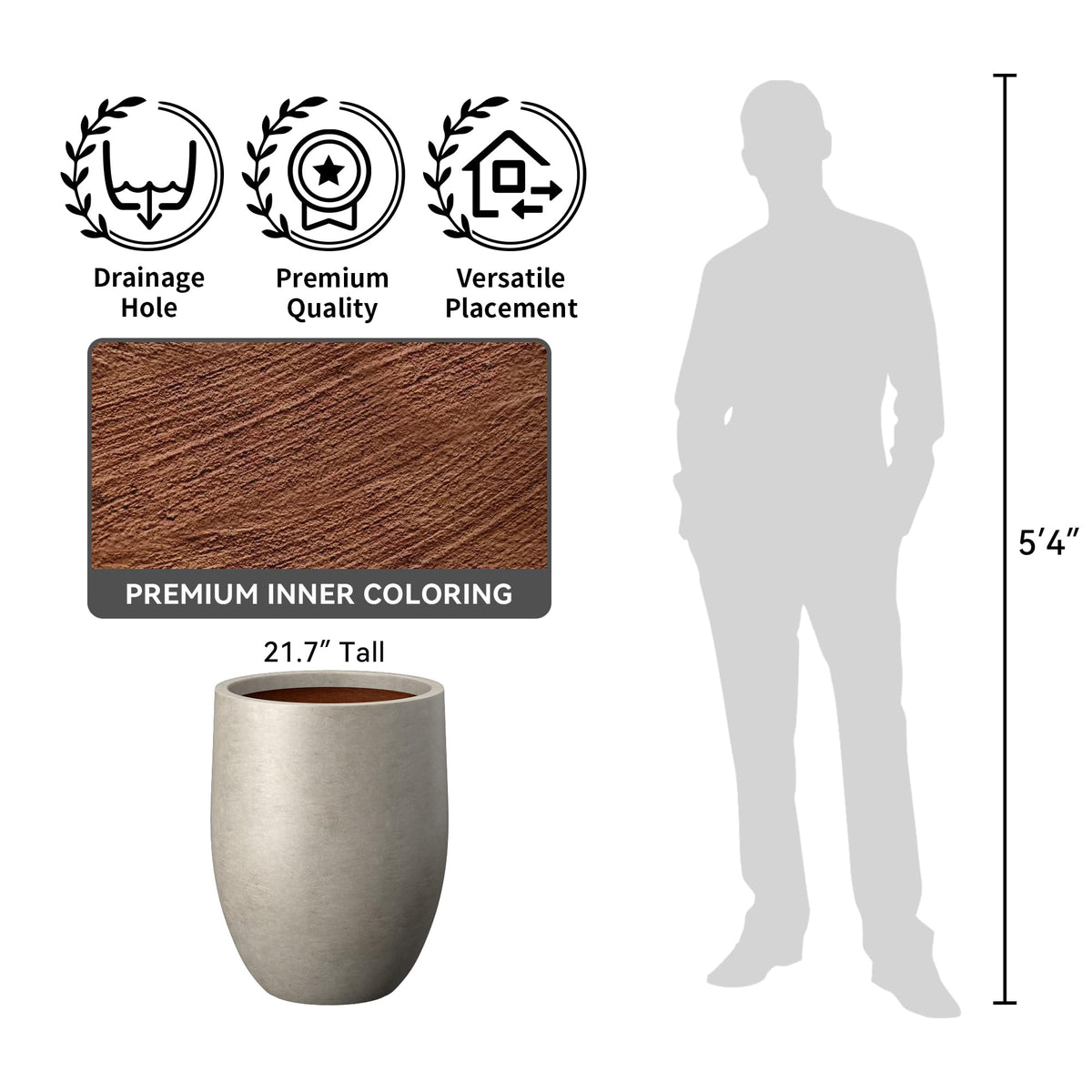 Kante 21.7 Inch Tall Concrete Planter, Large Indoor Outdoor Plant Pot with Drainage, Smooth Weathered Concrete Finish with Painted Interior, Ideal for Porch, Home, Garden, Patio