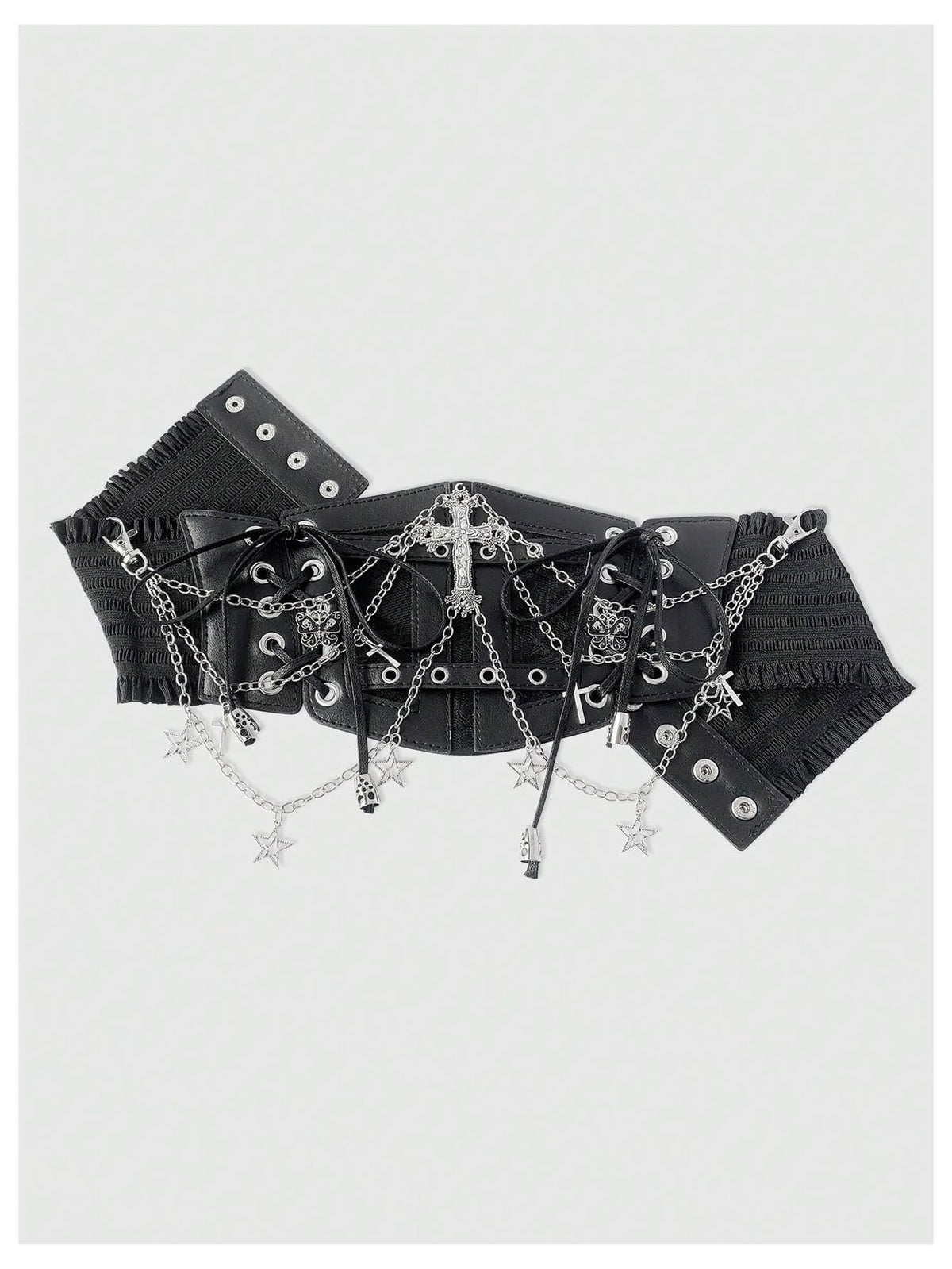 WDIRARA Women's Faux Leather Corset Belt Chain Goth Punk Cross Lace Up Side Elastic Waist Corset Black Medium