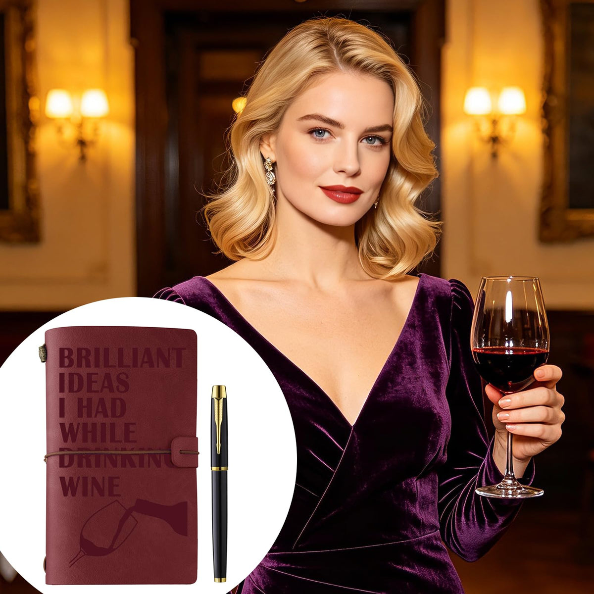 Muzuis Wine Gifts for Wine Lovers Leather Journal Notebook with Pen for Men Women Refillable Notebook, Sketchbook, Travel Diary