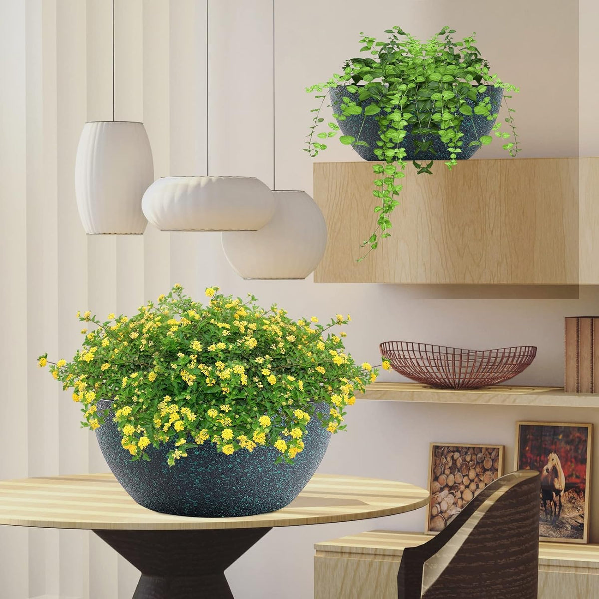WSMKSZ 10inch Hanging Planters for Outdoor Indoor Plants with Drainage Holes and Chain, 2 Pack Round Hanging Flower Pots for Garden Home Porch Decor, Black with Green Speckles