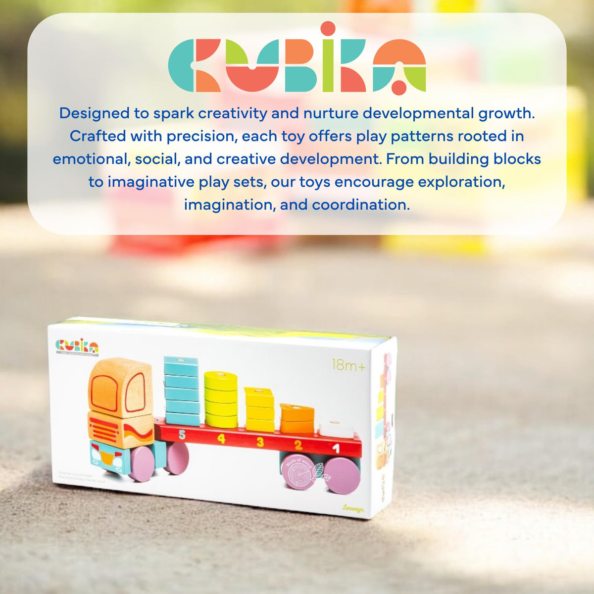 CUBIKA Wooden Geometric Shapes Truck– Montessori Toy for Toddlers Ages 3+– Shape Sorter and Stacking Truck Building Toy– FSC-Certified Wood, German Water-Based Paints, Travel-Friendly