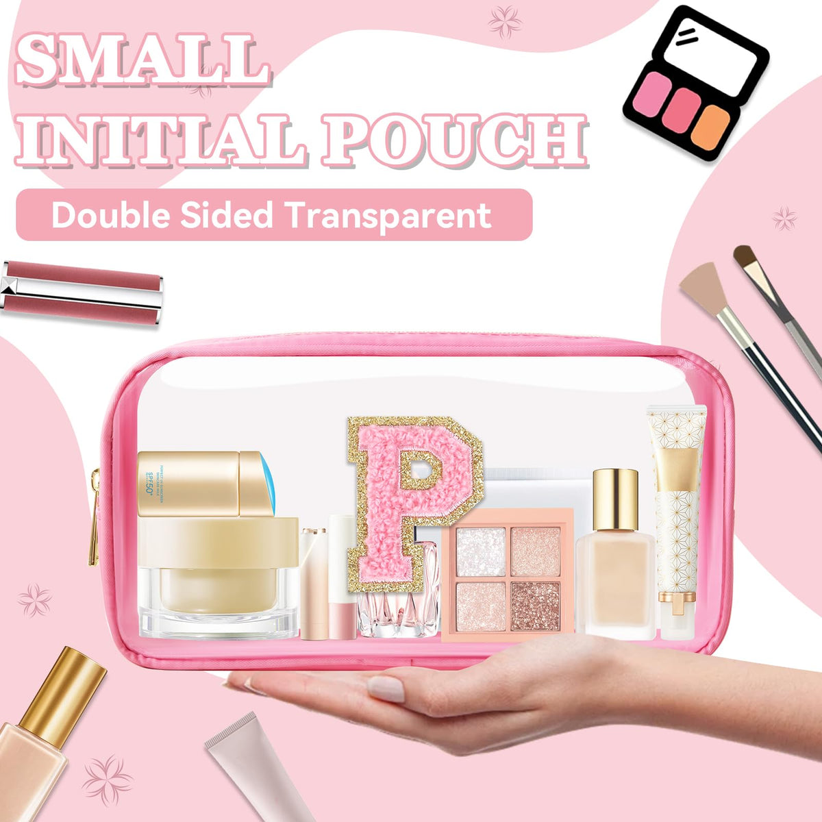 Small Clear Personalized Initial Makeup Bag, Preppy Nylon A-Z Chenille Letter Patch Makeup Organizer TSA Approved Travel Toiletry Bag,Waterproof Zip Beach Cosmetic Pouch Purse for Women(Pink-Pink P)