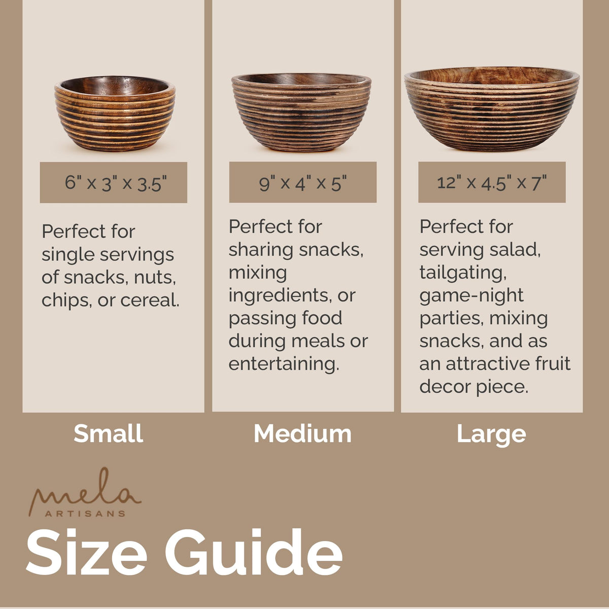 Mela Artisans Wooden Fruit Bowl | Dark Burnt Finish | 9” Decorative Mango Wood Serving Bowl | Multipurpose for Kitchen Countertop | Salad | Snacks | Fruit | Breads & More | Natural Grain Look