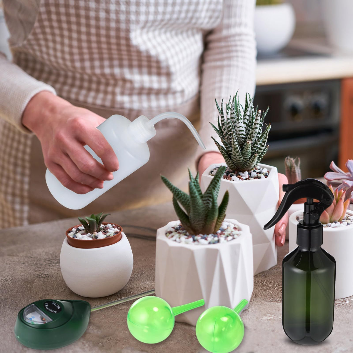Reallnaive 6 Pcs Indoor Watering Can Set 1/2 Gallon Can 6.8 oz Spray Bottle 17 oz Squeeze Bottle Plant Watering Globes Soil Moisture Meter Small Spraying Set for Indoor Outdoor Plants(Mint Green)