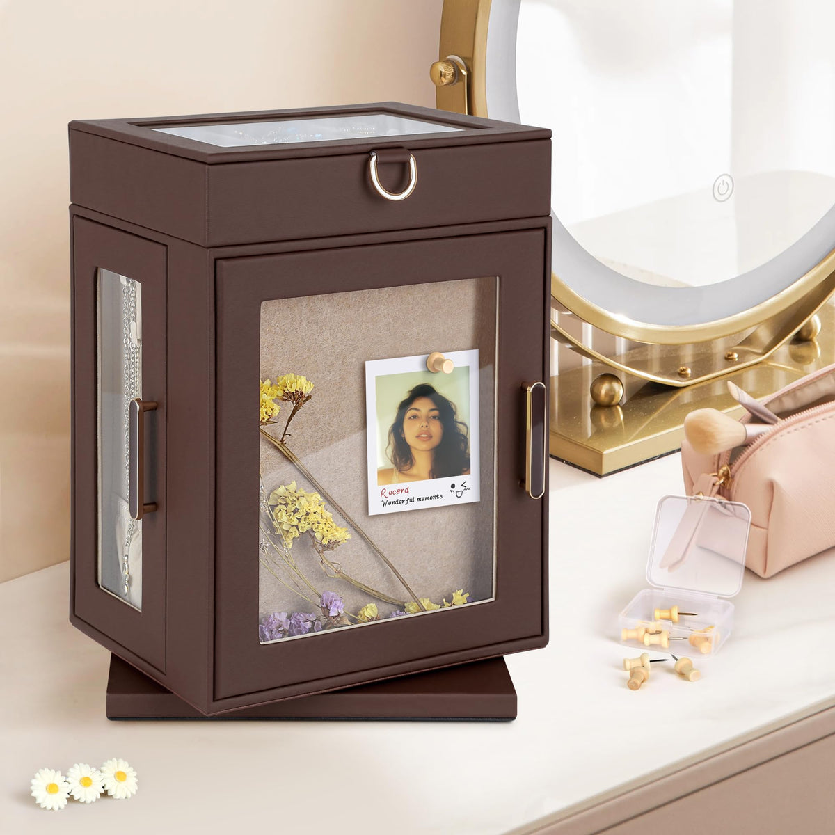 Kendal 360° Rotating Jewelry Box - Brown PU Leather Jewelry Organizer with Shadow Box & Pinboard, Detachable Top Tray, Drawers & Push Pins for Personalized Accessory Display & Storage