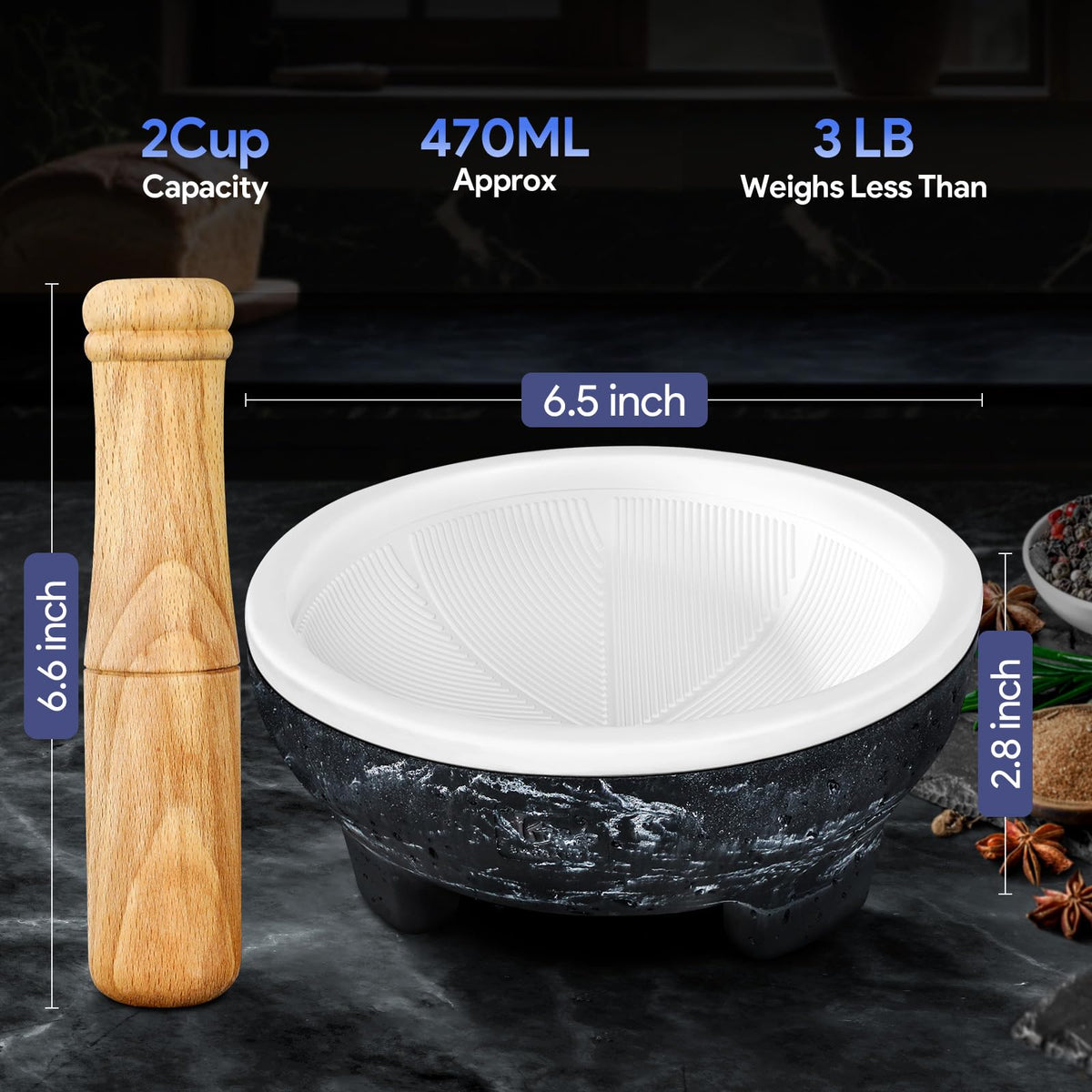 SYOKAMI No Rock Powder 2 Cup Mortar and Pestle Set with Silicone Covers, 6.5 Inch World's 1st Lightweight Molcajete Mexicano with Grinding Ridge, High Efficiency for Guacamole, Spice and Herb, Gift