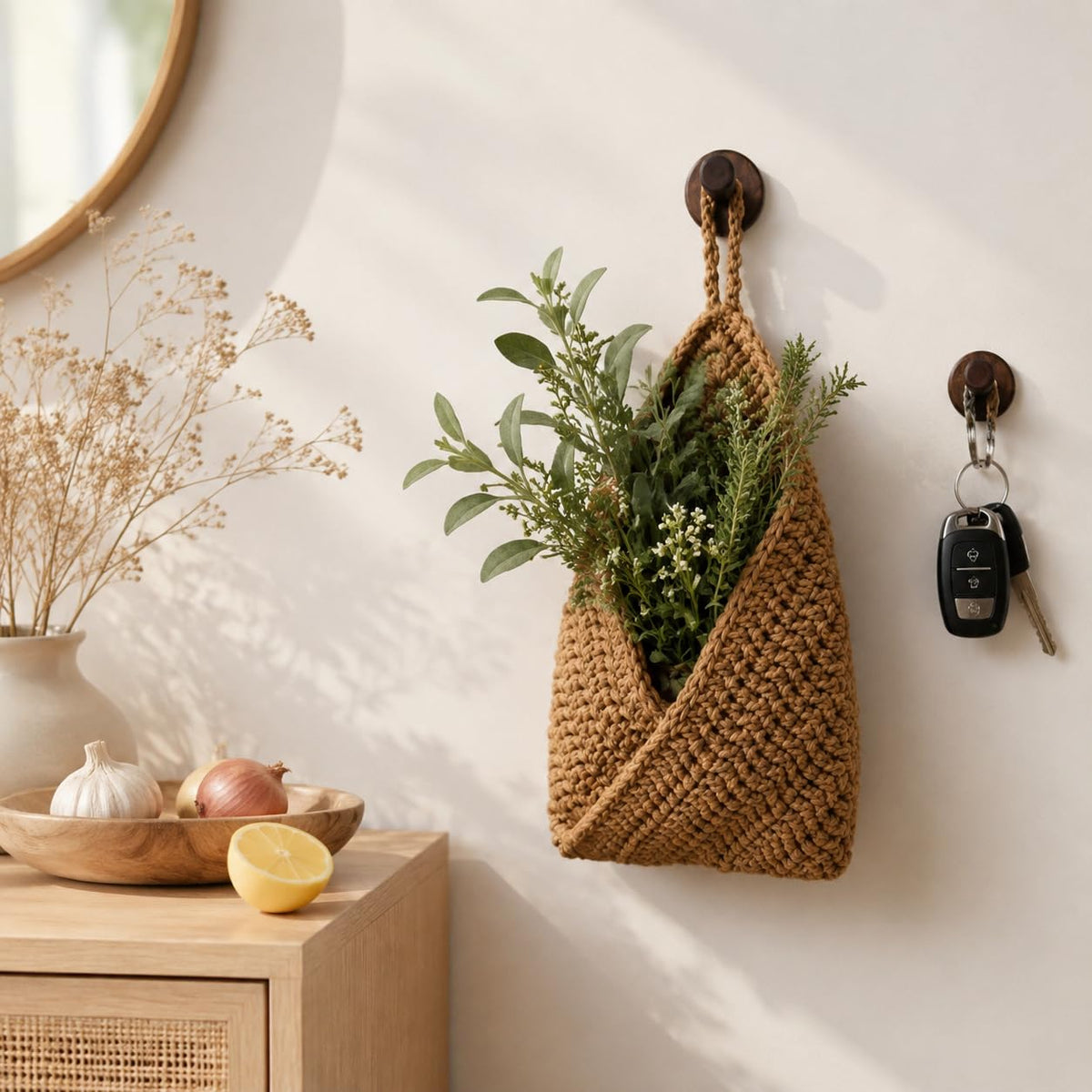 Boho Hanging Wall Baskets for Kitchen – 3 Pack Handwoven Jute Teardrop Storage Baskets with Adhesive Hooks for Fruit Onion Potato Vegetable, Farmhouse Wall Decor (Linen/Triangle/Jute, 3 Sizes)