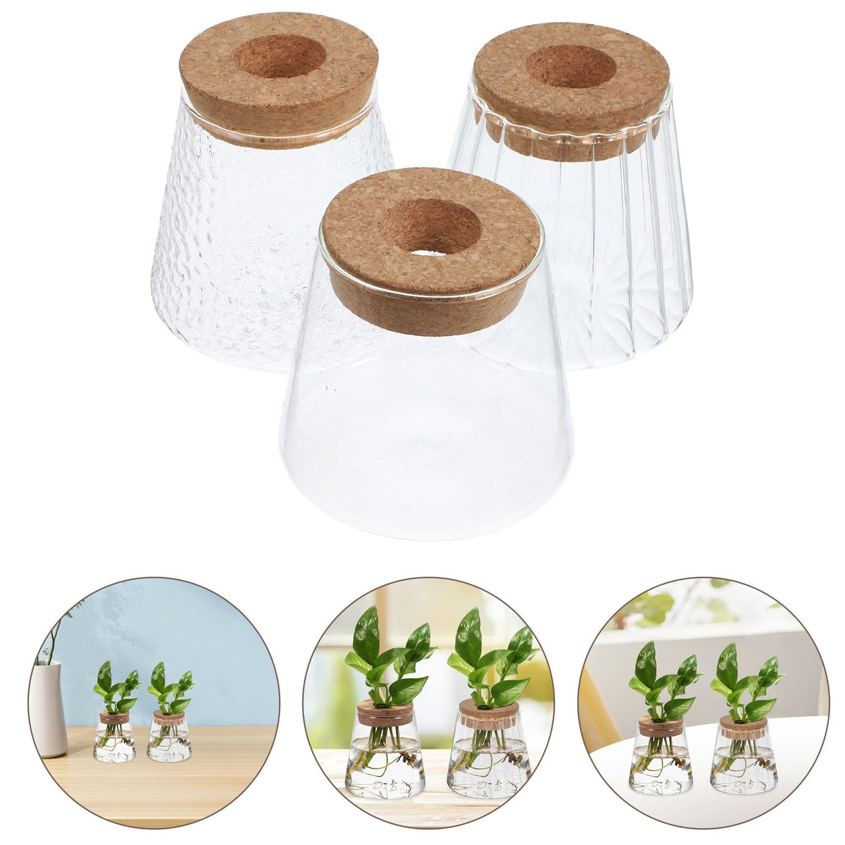 DECORNIJIA 3pcs Glass Hydroponic Plant Propagation Vases with Smooth, Hammered Vertical Textured Volcanic Cork Stoppers for Desktop Terrarium and Indoor Plant Decoration