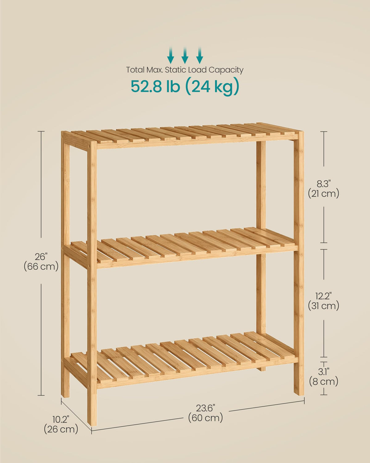 SONGMICS Bamboo Storage Shelf, 3-Tier Shelving Unit, Multifunctional, in The Entryway, Bathroom, Living Room, Balcony, Kitchen, 10.2 x 23.6 x 26 Inches, Light Bamboo UBCB33Y