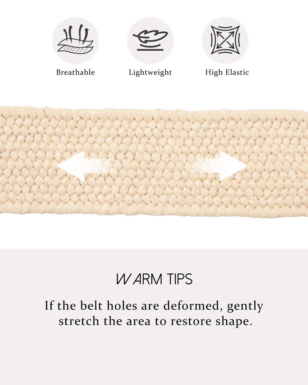 AWAYTR Womens Boho Woven Belt - Easy Care Plastic Elastic Belt with Handmade Raffia Buckle for Daily Vacation Work,Beige,Fit Waist 31''-36''