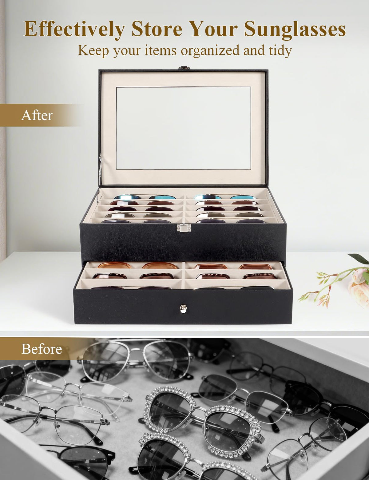 Huvon Sunglasses Storage Organizer Case with 24 Adjustable Slots, 2 Layer Multi Eyeglass Glasses Display Box with Lid Women