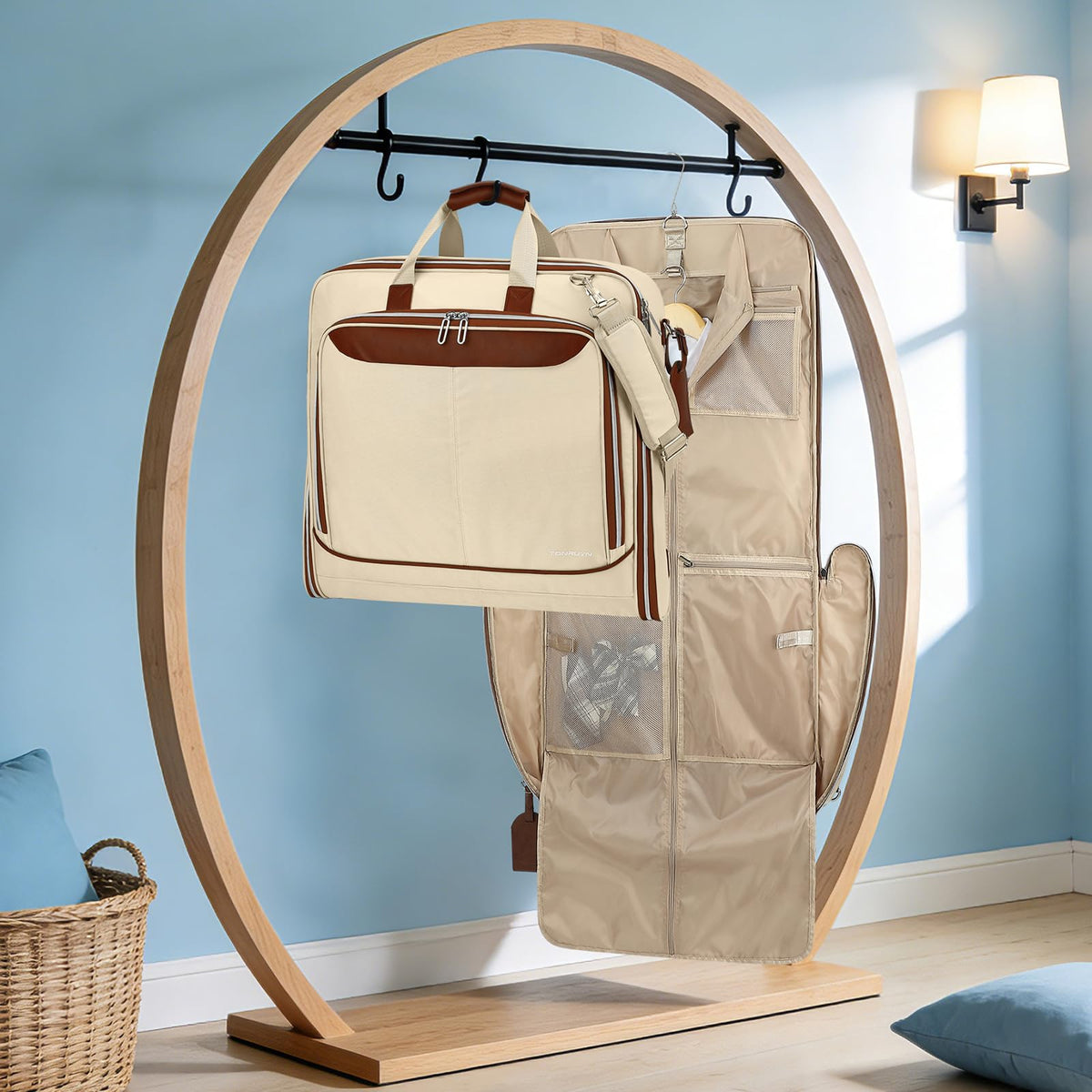 TONRUYN Travel Garment Bag Carry on Suit Bag for Women 51'' Waterproof Garment Bags Dress Bag for Travel Business Hanging Suitcase Luggage with Shoulder Strap Free shoes bag Fit 15.6'' Laptop, Beige