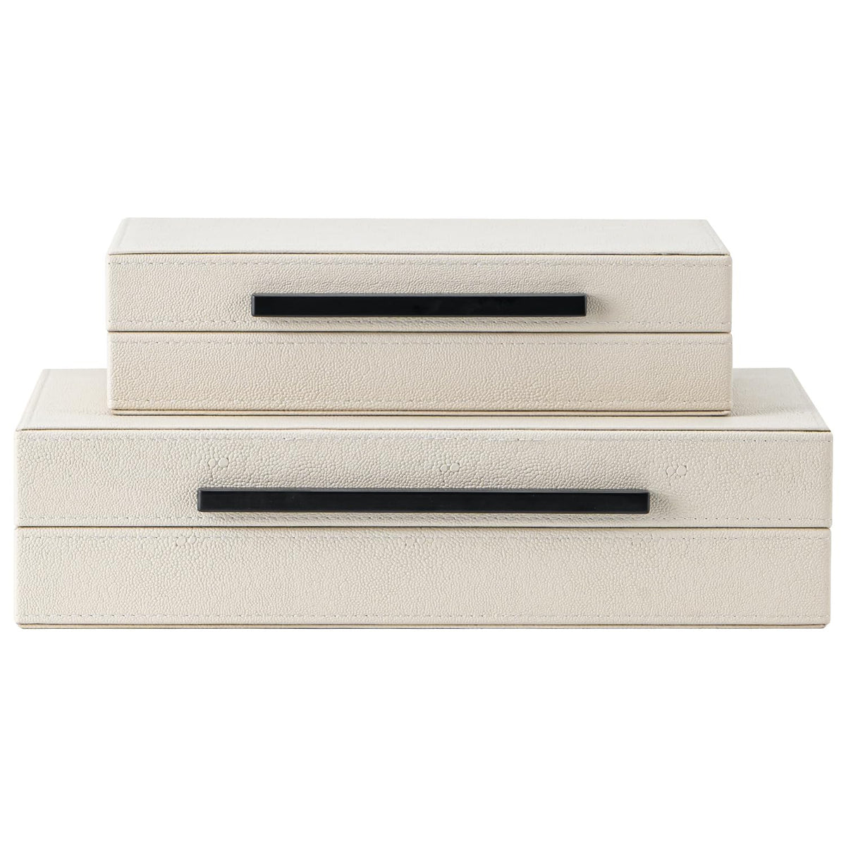 Set of 2 Beige Shagreen Decorative Storage Boxes with Black Metal Handles – Faux Leather Jewelry & Memory Boxes, Nesting Photo Organizers for Home Decor