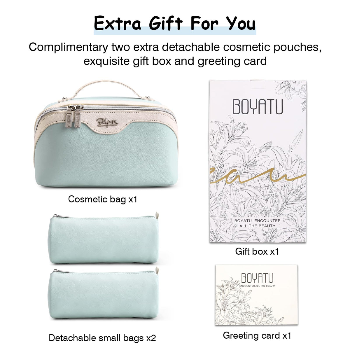 BOYATU Travel Makeup Bag Organizer Cosmetic Bag: 3 Pcs Set Make up Bags for Women with Handle - Waterproof Vegan Leather Toiletry Bags Travel Essentials Pouch with Compartments (A-06-Blue)