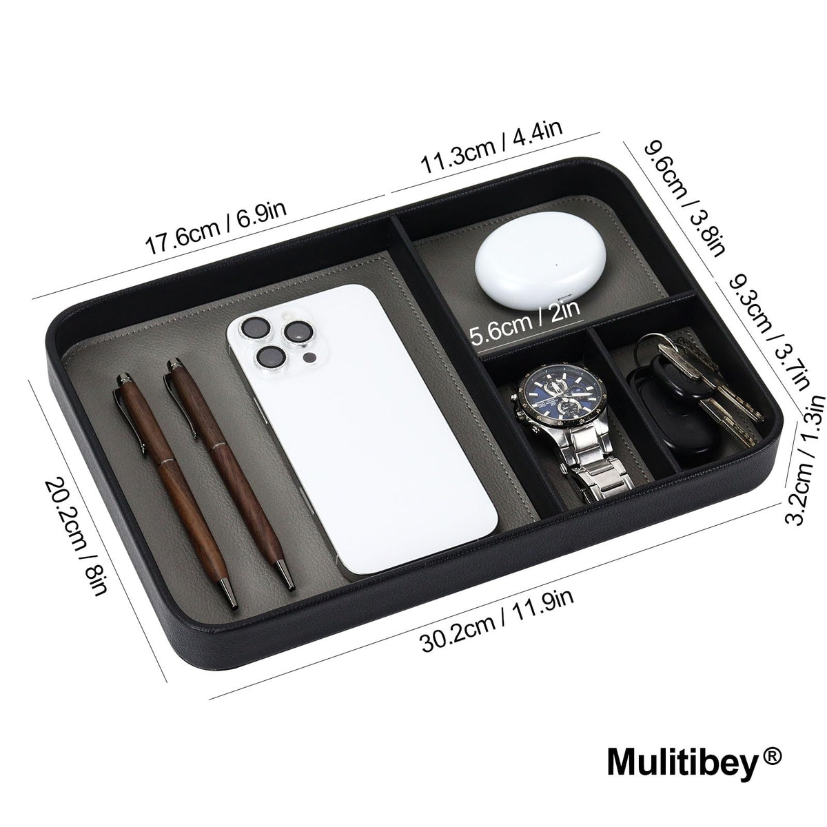 MultiBey Vegan Leather Valet Tray - 4-Compartment EDC Catchall Tray for Nightstand & Entryway Table - Minimalist Desk Organizer for Keys, Wallet, Watch, Phone & Jewelry Black