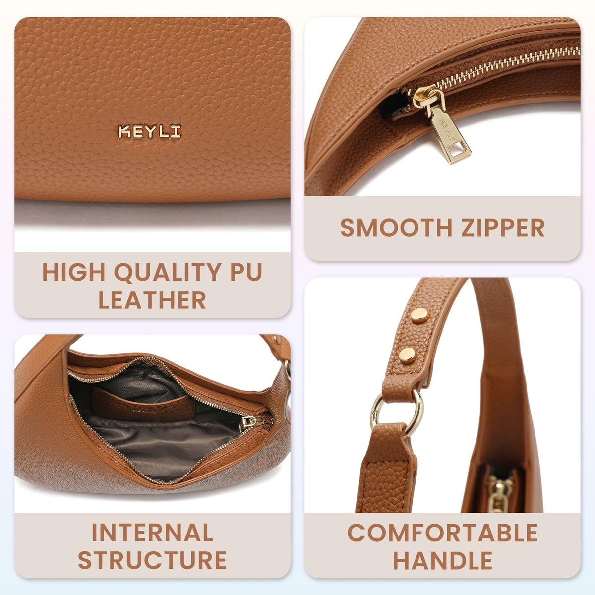 Keyli Shoulder Bag Polene Bags for Women Fashionable Casual Vegan Leather Zip Top-Handle Handbags Quilted Crescent Hobo Purse Brown