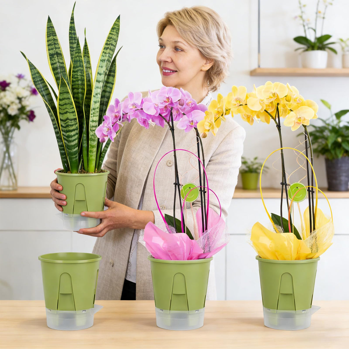 IWNTWY Plant Pots 6 inch Set of 5, Self Watering Pots for Indoor Outdoor, Upgraded Water Inlet Self Watering Planters Flower Pots with Drainage Hole and Clear Saucer Reservoir (Green)