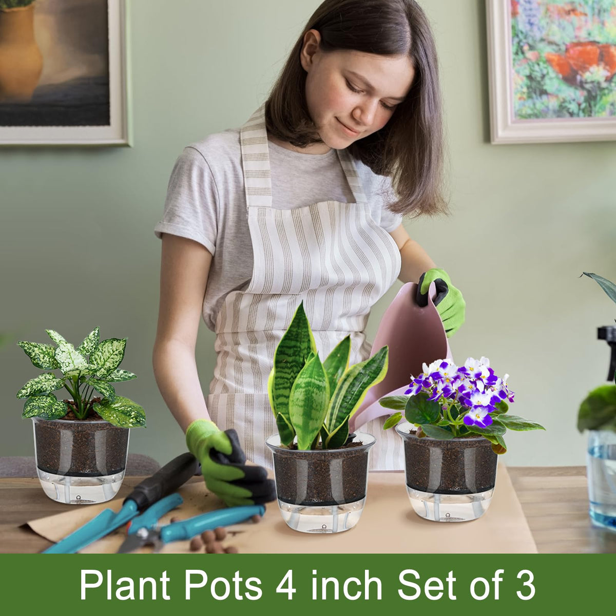 IWNTWY Self Watering Pots, 3 Pack 4 Inch Clear Plant Pot Self Watering Planter Flowers Pot with Deep Reservoir for Indoor Plants (3 Small)