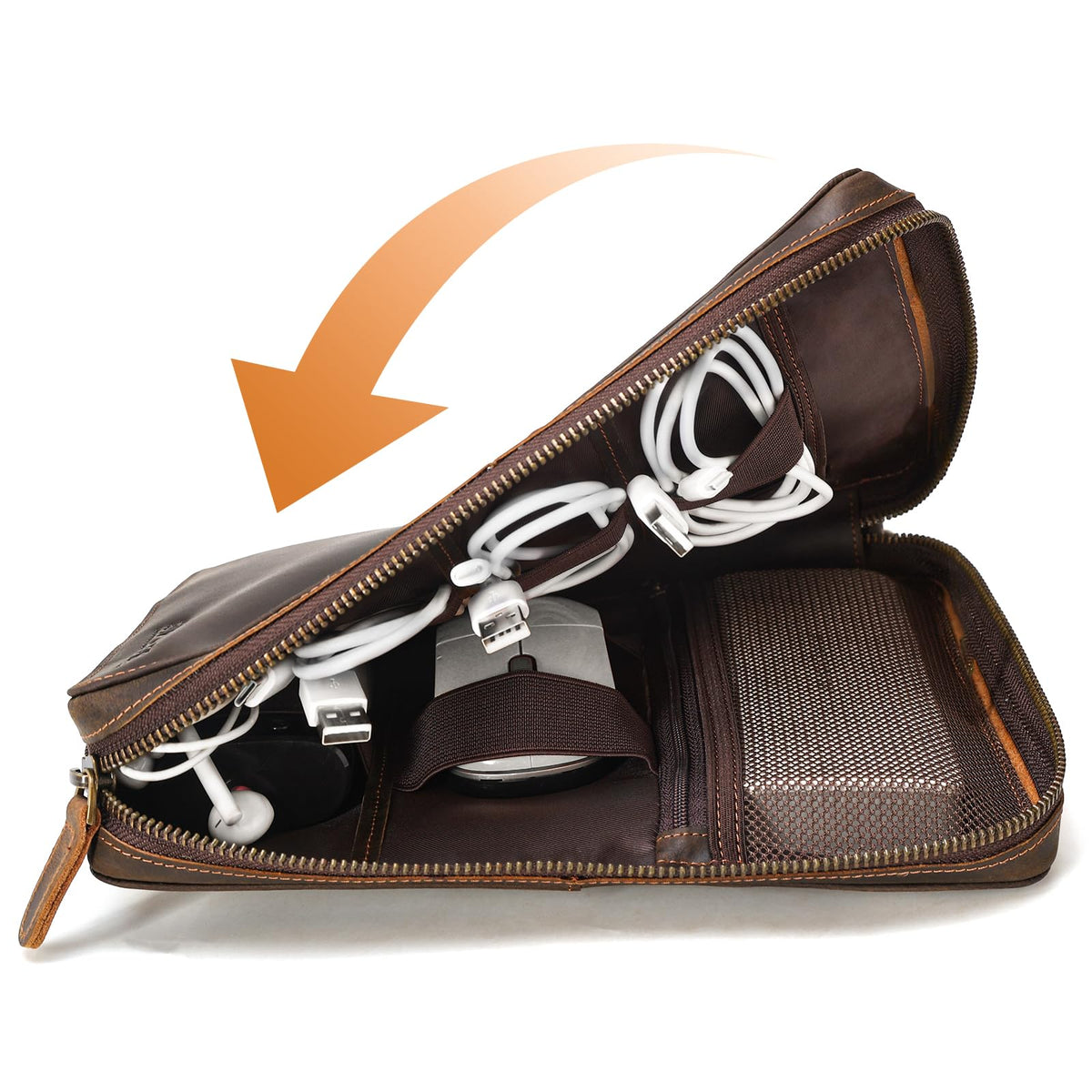 Polare Full Grain Leather Travel Cable Organizer Case Electronics Accessories Carry Bag with YKK Zippers Tech Storage Bag for Cables, Power Bank, USB, SD Card, Travel Essentials