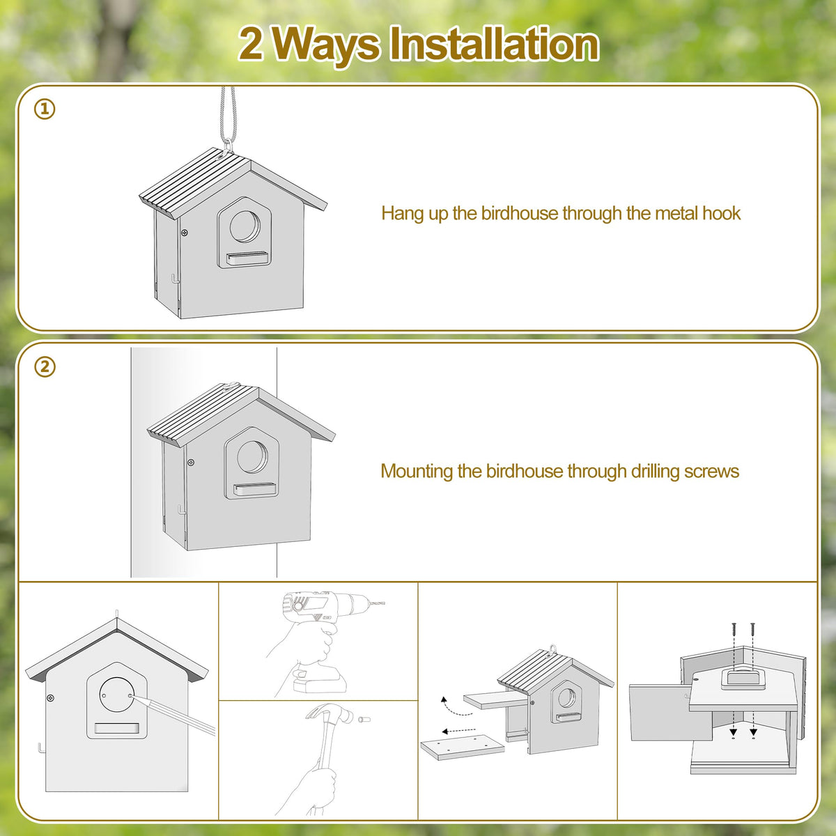 Auslar Bird House for Outside, Wooden Birdhouses for Outdoors, Bluebird House for Outside Clearance, Hanging Bird Houses for Cardinals Finch Wren Swallow for Garden Viewing