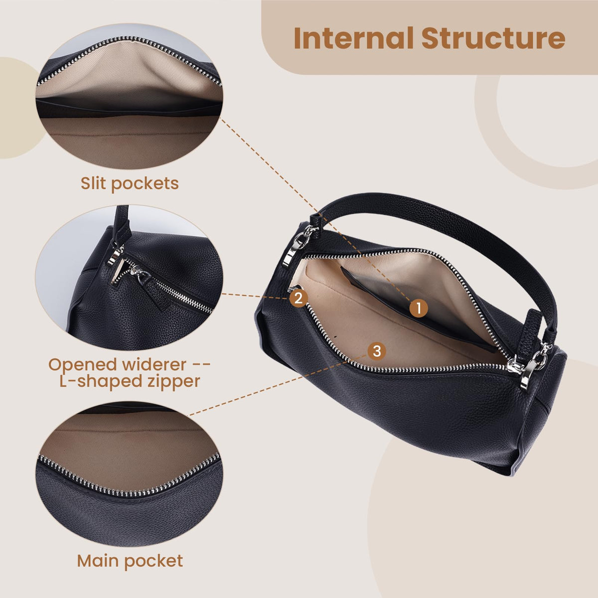 Rosvovo Genuine Leather Purses for Women, Real Leather Women's Crossbody Bag Shoulder bag Handbags Hoho bag with Adjustable Strap, balck,
