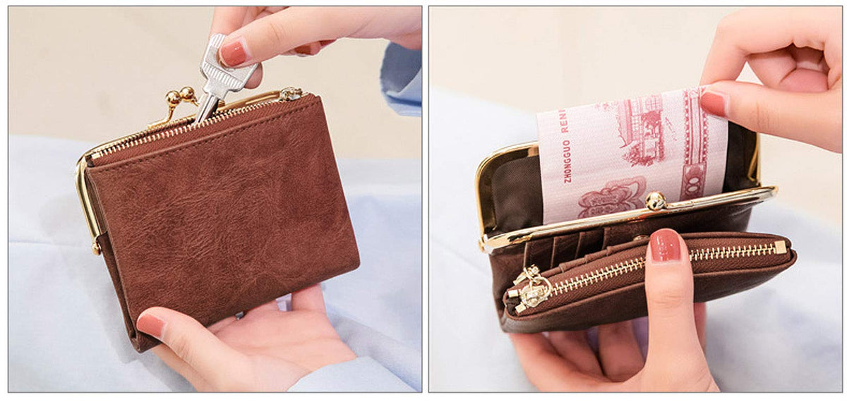 PofeeXIO Womens Wallet RFID Small Compact Bifold Leather Vintage Wallet,Ladies Coin Purse with Zipper and Kiss Lock (Brown)