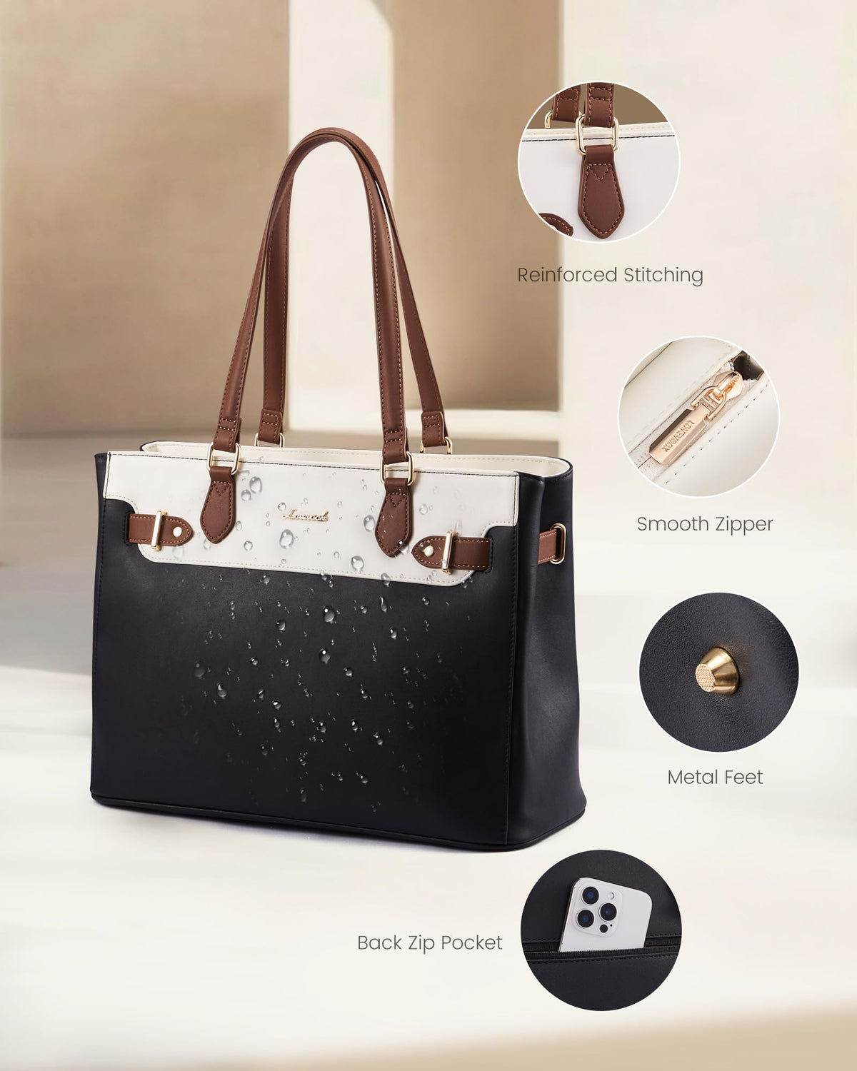 LOVEVOOK Laptop Tote Bag for Women Work, Teacher Tote Bag Nurse Bag with Large Cup Holder, 17.3 Inch Waterproof Leather Computer Bag Professional Business Office Briefcase, Black-beige-brown