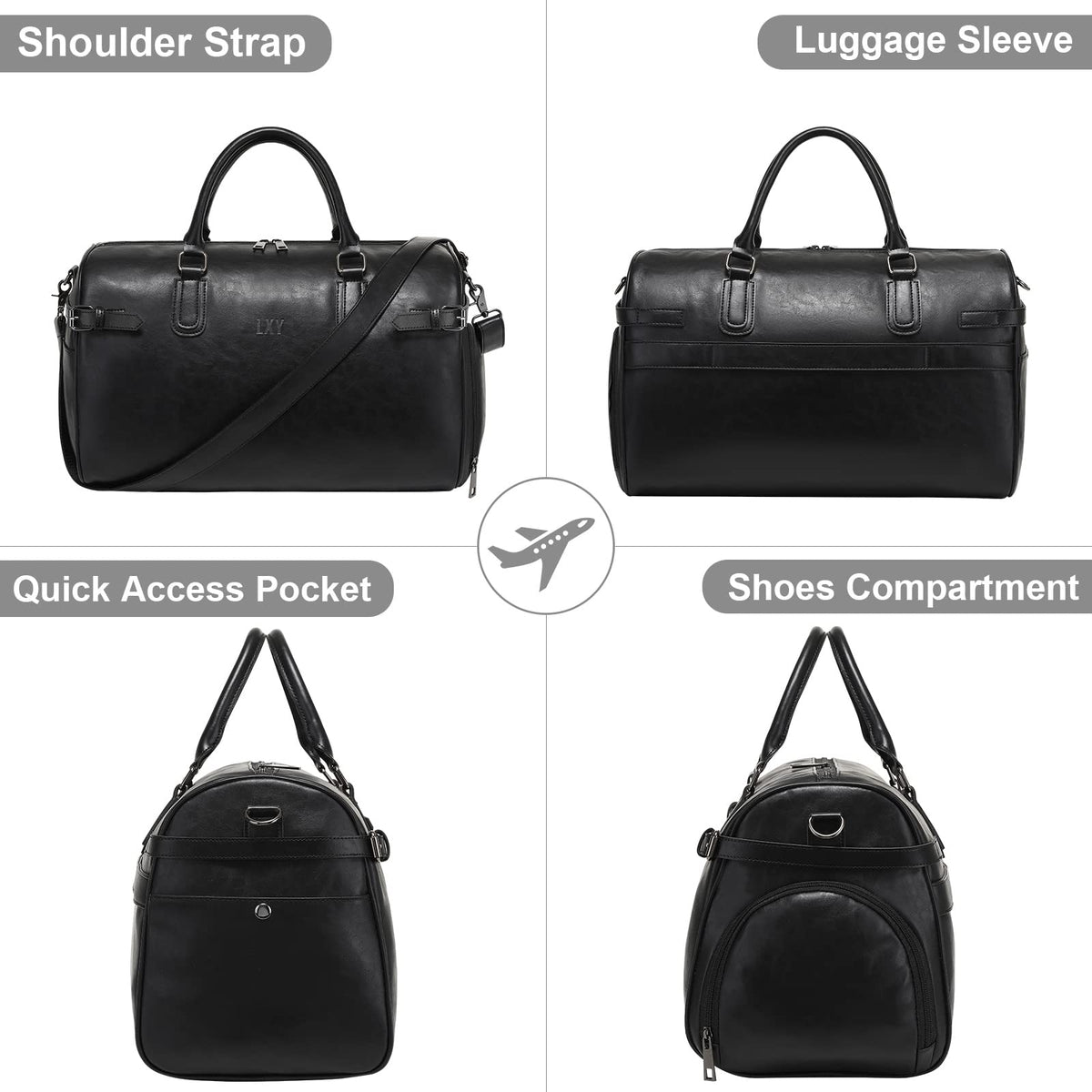 Vegan Leather Duffle Bag, LXY Travel Duffle Weekender Bag with Shoe Compartment, Duffel Overnight Gym Bags for Women Men Black