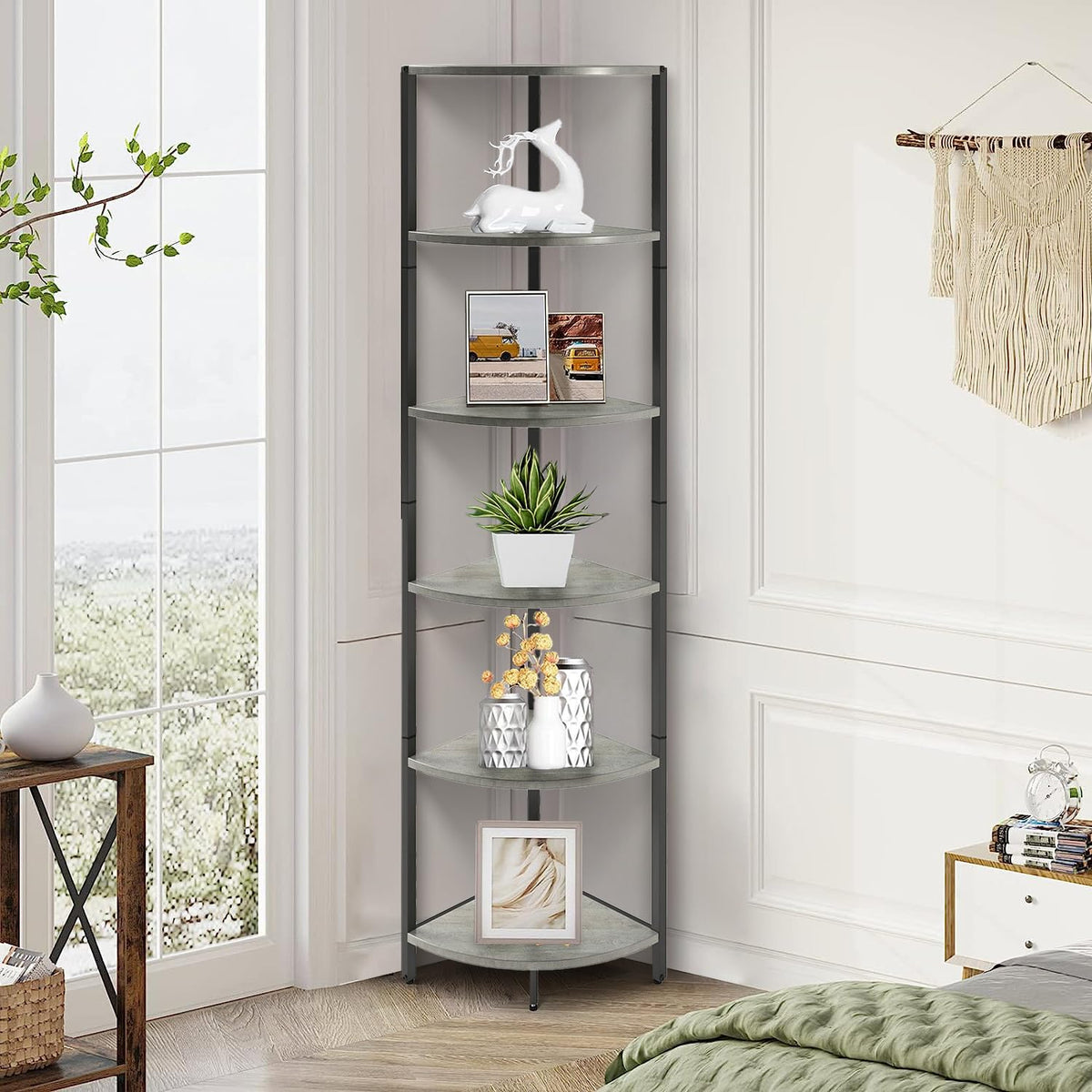 IRCPEN 6 Tier Corner Shelf 63.1" Tall Corner Shelves Stand Ladder Shelf Metal Standing Bookshelf Organizer Display Rack Bookcase Plant Stand Industrial Rustic for Living Room Bedroom Oak CS-001GR