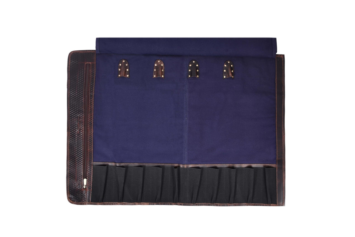 Leather Knife Roll Storage Bag, Elastic and Expandable 10 Pockets, Adjustable/Detachable Shoulder Strap, Travel-Friendly Chef Knife Case (Navy Blue, Canvas)