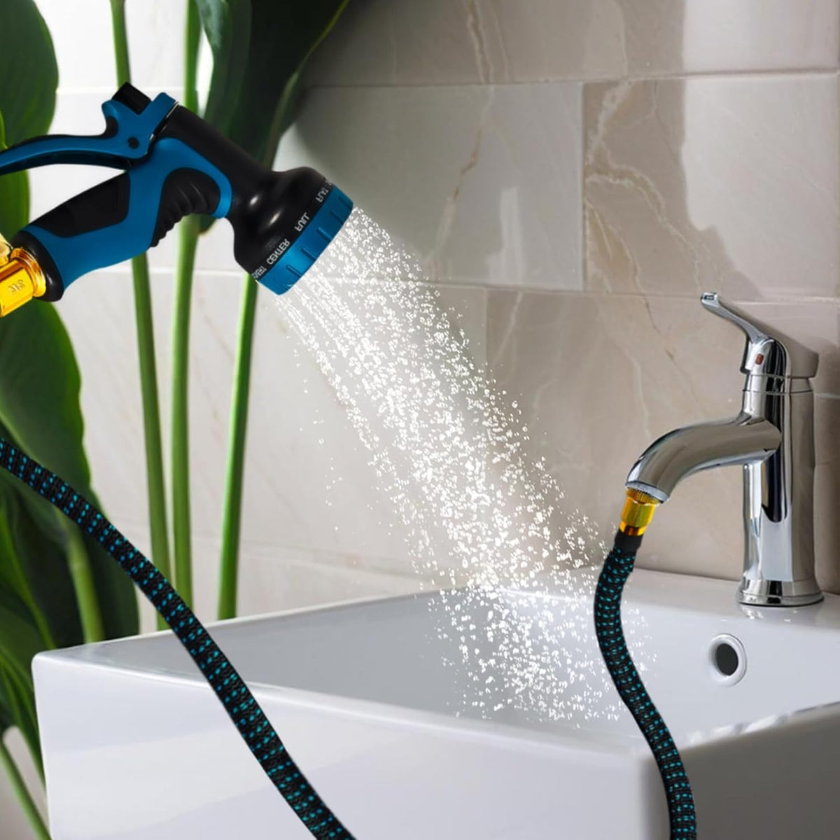 Lotoo Sink Hose Attachment for Faucet with 7 Adapters, 75 FT Indoor Faucet Hose for Kitchen Sink or Bathroom Sink Faucet with 10-Function Nozzle, Watering, Washing Pet, Household Cleaning, Car Washing