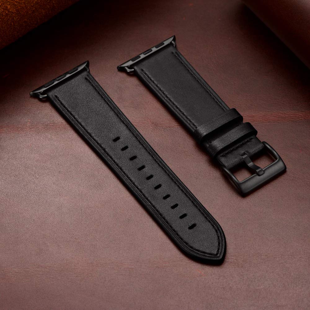 OUHENG Leather Bands Compatible with Apple Watch Band 42mm 41mm 40mm 38mm, Genuine Leather Strap Compatible with Apple Watch Series 11/10/9/8/7/6/5/4/3/2/1 & SE3 SE2 SE, Black/Black
