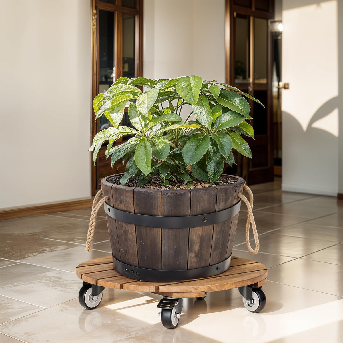 Idzo 2pack Wood Plant Caddy With Wheels Heavy Duty, 264 Lbs Capacity, 12 Inch Acacia Hardwood Plant Dolly, Plant Stand with 360° Lockable Wheels, Plant Caster for Heavy Objects Hauling - Natural Wood