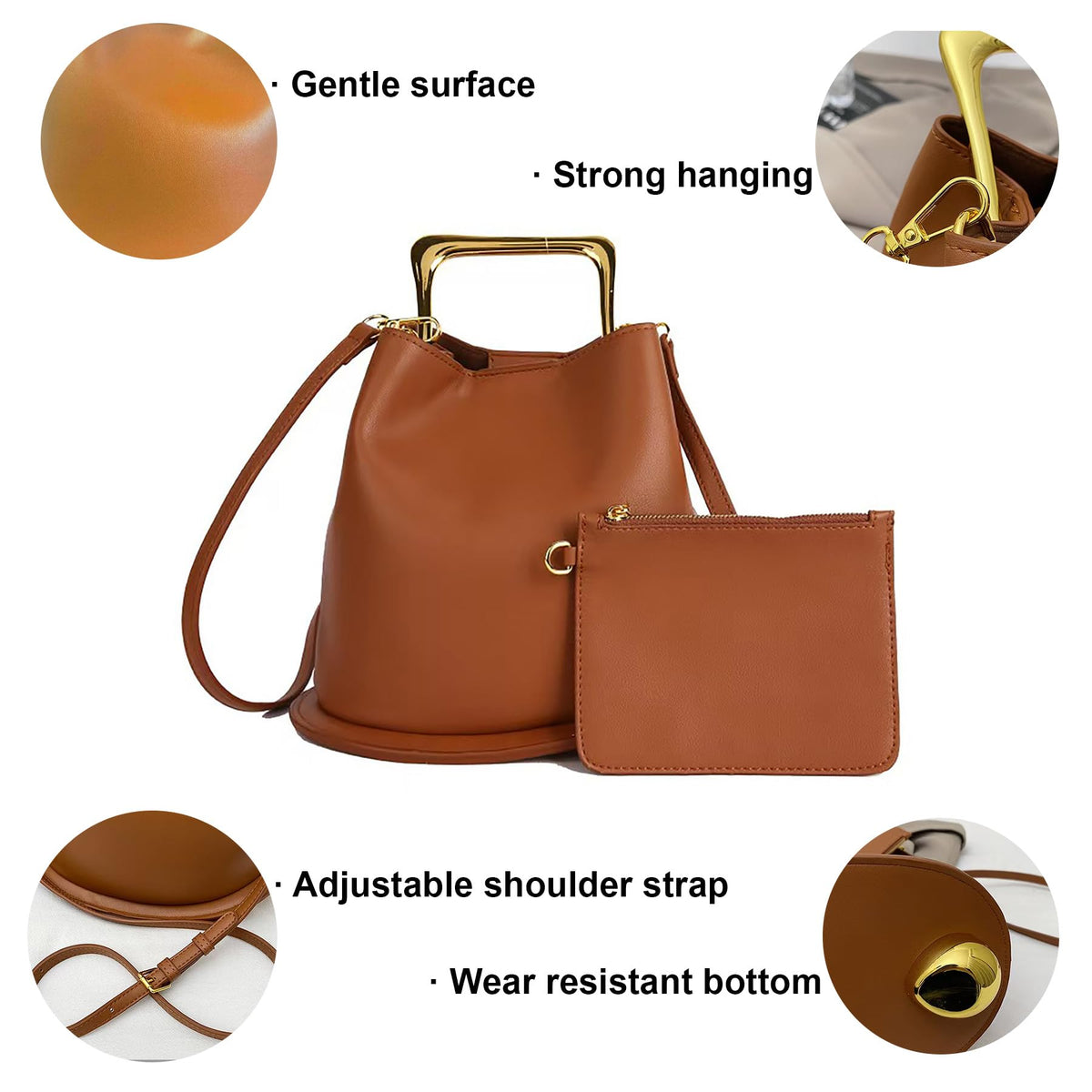 ZGRJSZDD Women Genuine Leather Handbag Crossbody Shoulder Purse Top Handle Bucket Bag, B Coffee