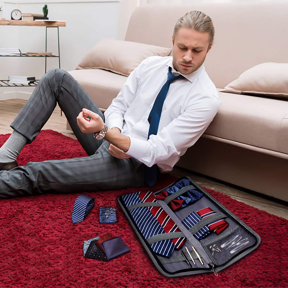 Modoker Tie Organizer Case Bag for Travel, Tie Holder Storage Box for Men Gift Necktie Carrier with Pockets for Cufflinks & Collar Stays, Rigid Anti-Wrinkle Ties Bag Fits 4–6 Ties, Black