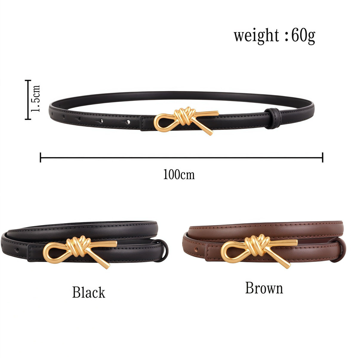Skinny Leather Belt with Gold Bow Knot Buckle, Black, Dress Belt for Women (Black)