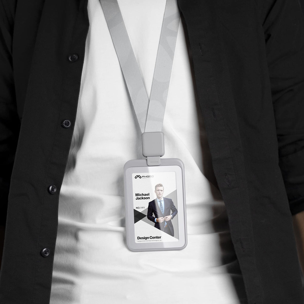 Phomo Self Retractable ID Badge Holders with Carabiner Reel Clip and Badge Lanyard, Heavy-Duty ID Card Holder for Neck, Vertical Style Transparent Hard Accessories Clear, (Holds 1to 2 Cards) (Black)