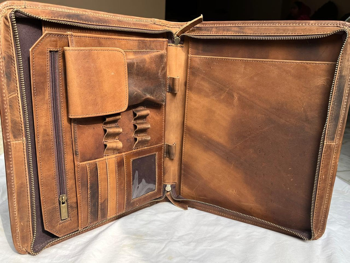 Leather Portfolio Organizer with Zipper for Men Women, Padfolio Business Resume A4/Pad, Folder Organizer, Legal Pad Holder with Card Slots, Zippered Padfolio for Business Documents (Brown)