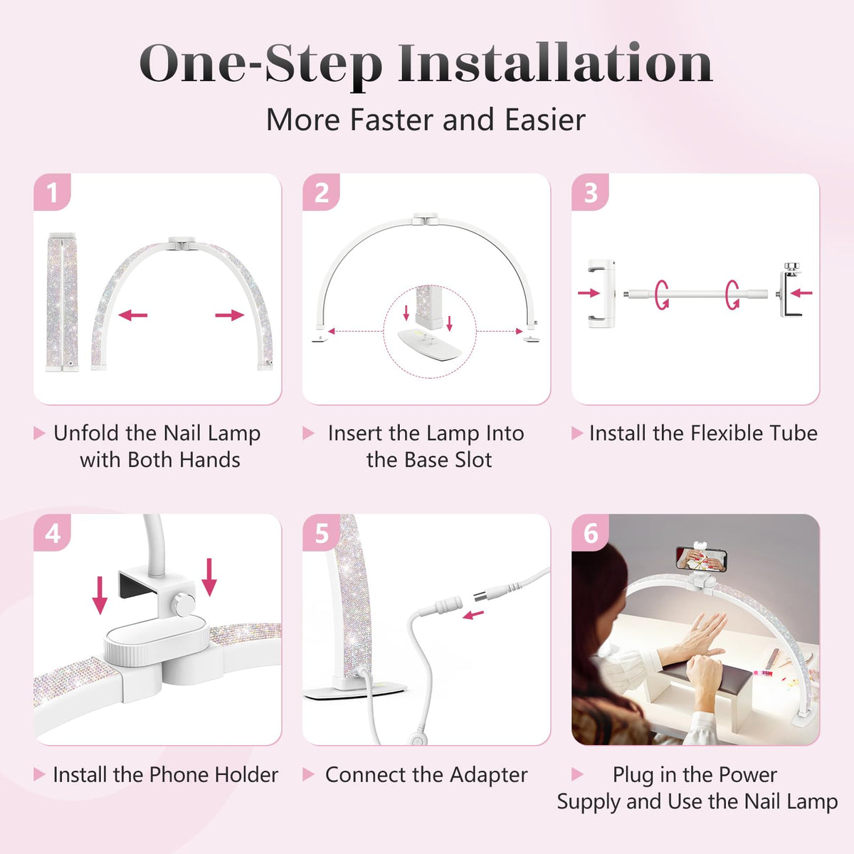 Yokilly Half Moon Desk Lamp with Phone Holder, 29in, Large, Crystal Diamond, 3 Color Modes, 10 Brightness Levels