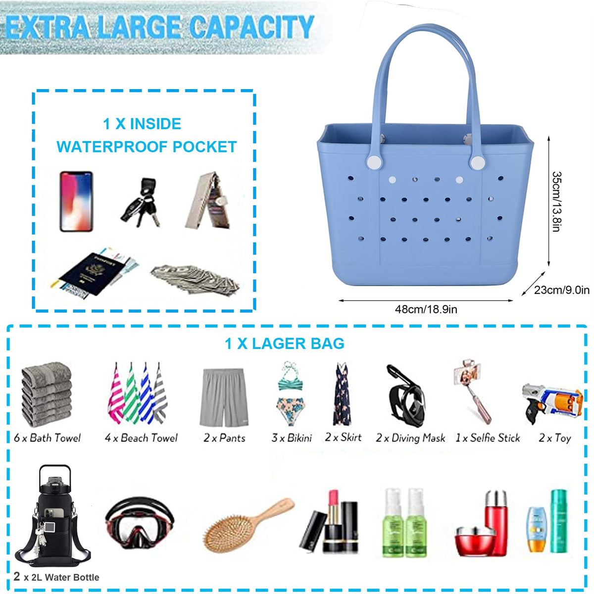 Juyeesm X Large Beach Bag, Oversized Rubber Beach Bag, Washable Open Tote Bag Durable Tote Travel Bags for Outdoor Sport